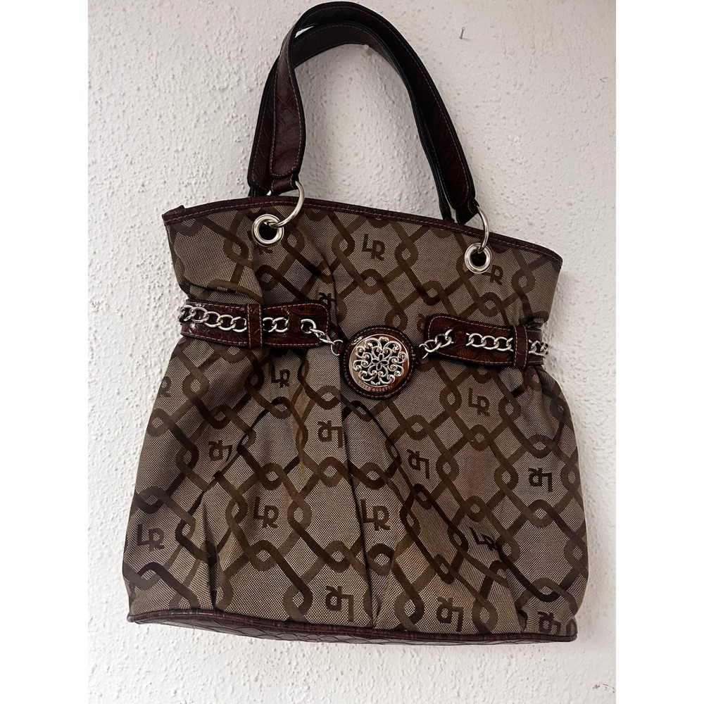 Linea Rosetti Brown Monogram Chain Print Shoulder Bag Croc Trim Medallion